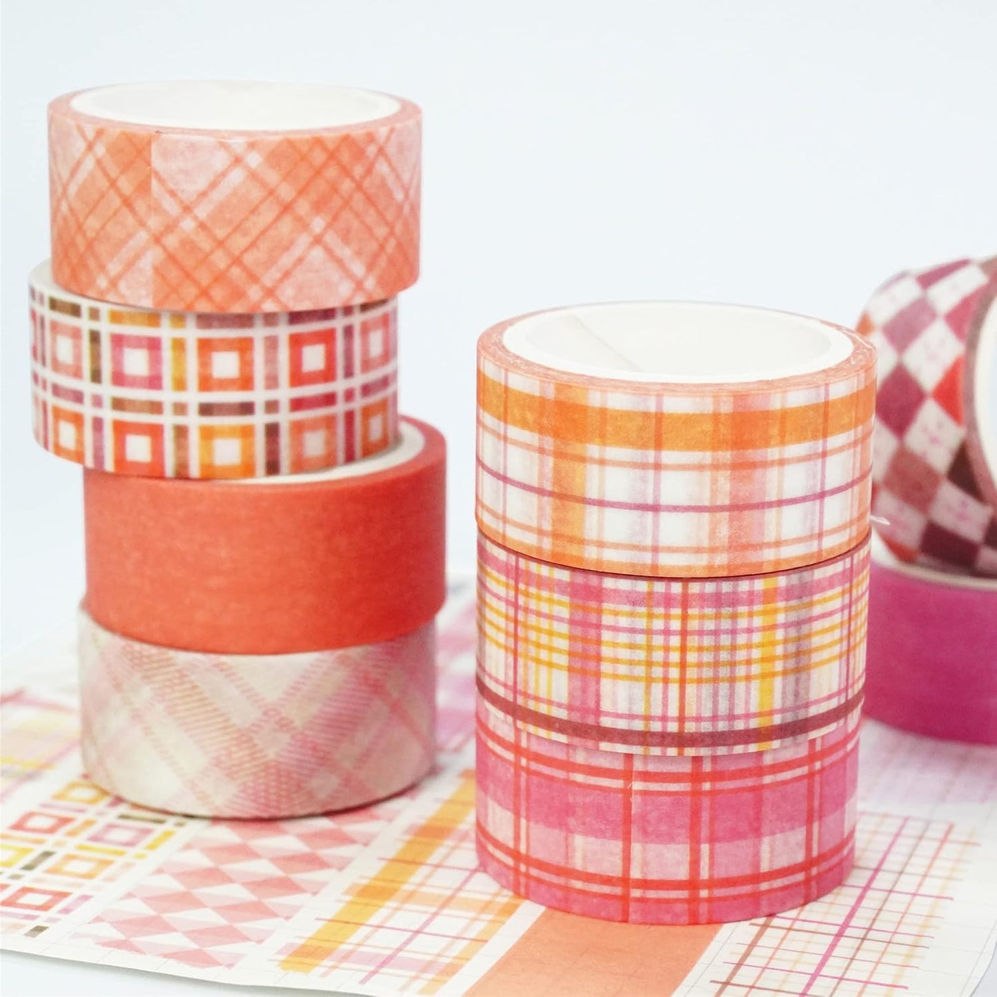 YUBX Basic Grid Washi Tape Set 12 Rolls Plaid Decorative Masking Tapes for Arts, DIY Crafts, Journals, Planners, Scrapbook, Wrapping (Pink)