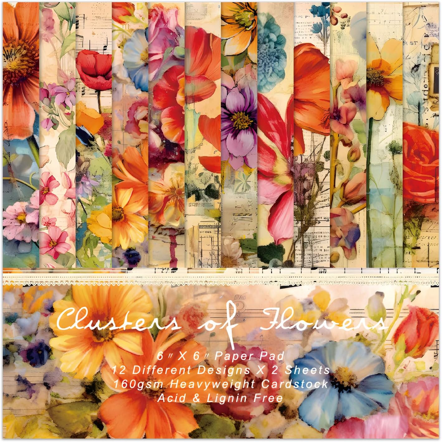 EAMOTOL Vintage Floral Scrapbook Paper Pad, 24 Sheets 6''x 6'' Flowers Patterned Designed Decorative Decoupage for Wedding Folded Card Material Gift Wrapping Planners Journals DIY Crafts Photo Album