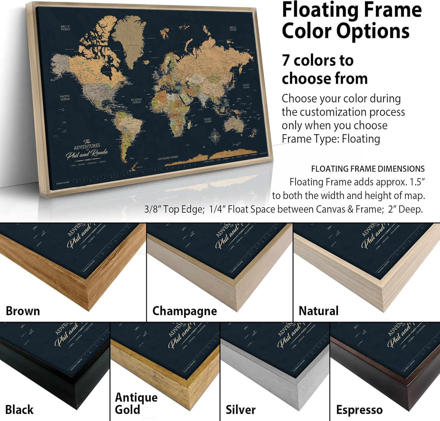 HolyCowCanvas Personalized Push Pin World Map on Canvas in Classic Earth Tones on Navy Background, World Map Pin Board, Travel Tracker to Mark Places Traveled (60x40, Gallery Wrapped Canvas)