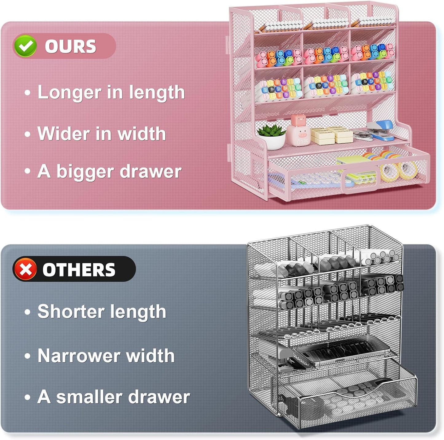 Marbrasse Larger Mesh Desk Organizer with Drawer, Multi-Functional Pen Pencil Holder, Easy Assembly, Desk Organizers and Accessories for Office Art Supplies (Pink)