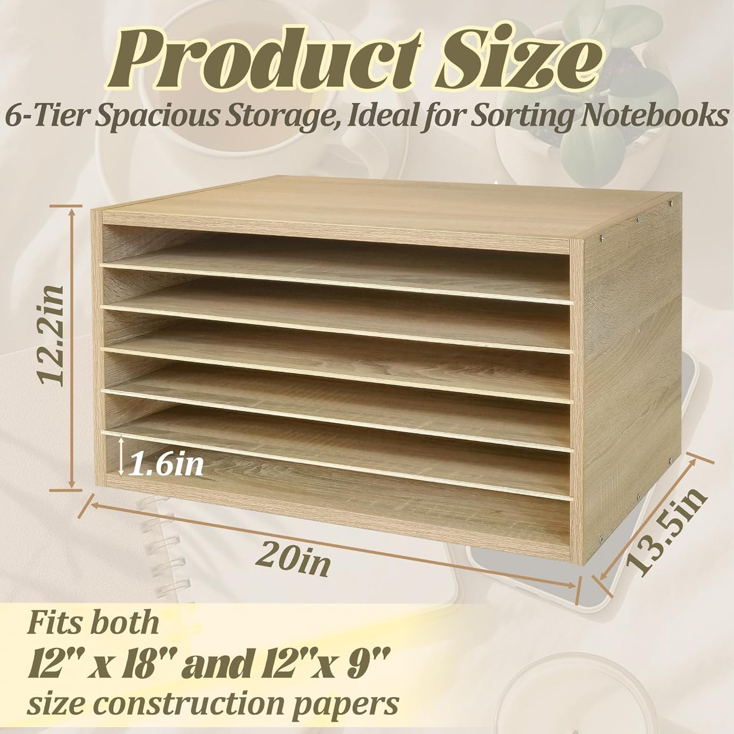 PROLEE Construction Paper Organizer 20" x 13.5" x12.2",Soild Wooden Paper Organizer with 6-Tier Letter Trays, Desktop File Papers Sorter for Home, Classroom and Office (White Oak)