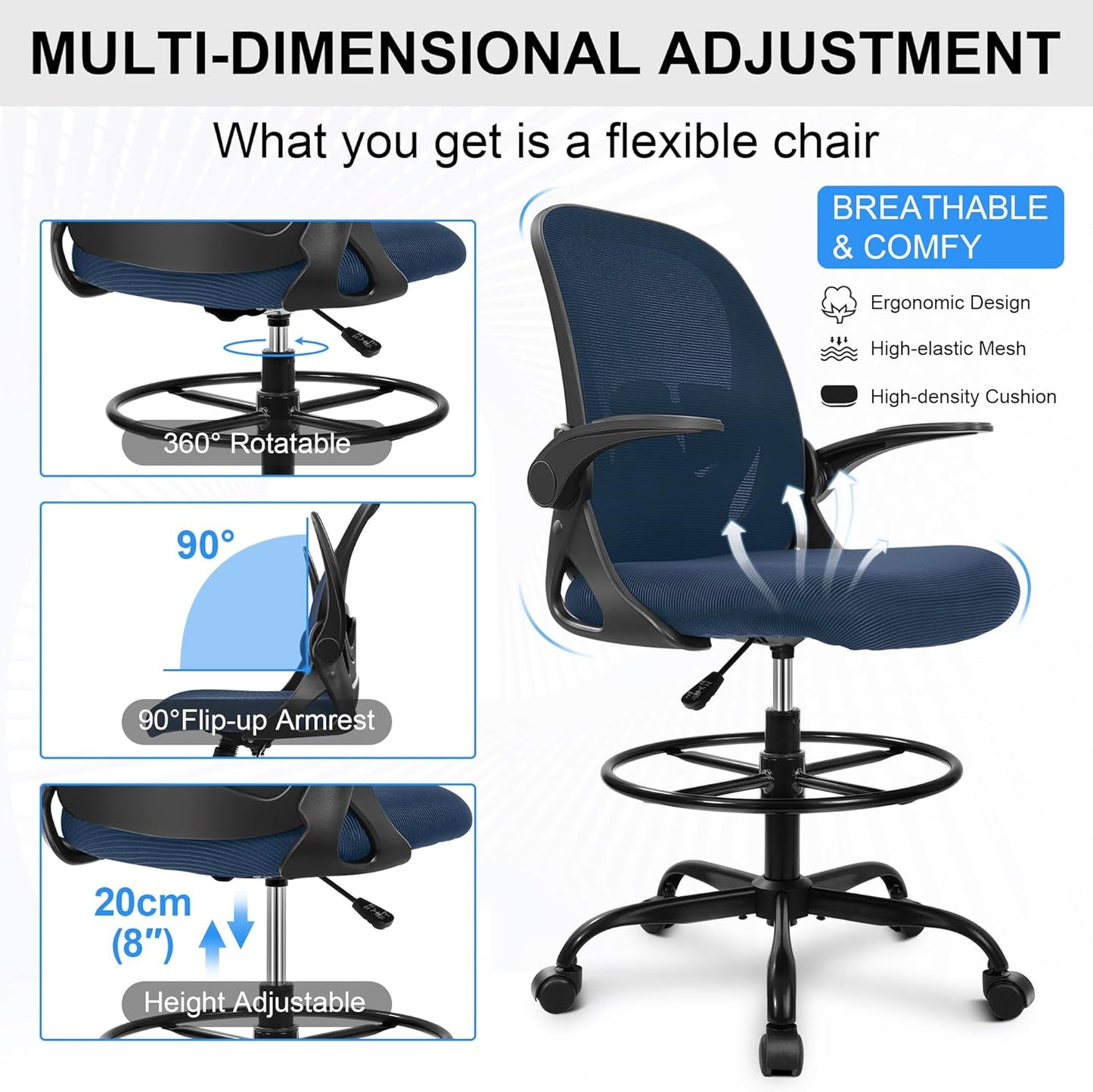 Primy Drafting Chair Tall Office Chair with Flip-up Armrests Executive Ergonomic Computer Standing Desk Chair with Lumbar Support and Adjustable Footrest Ring (Navy)