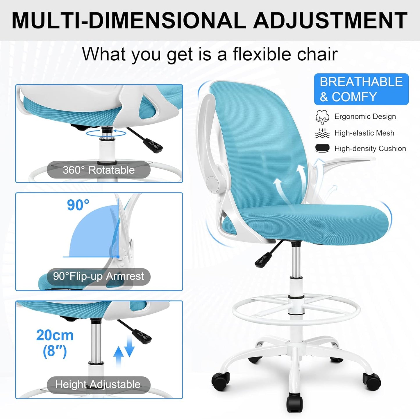 Primy Drafting Chair Tall Office Chair with Flip-up Armrests Executive Ergonomic Computer Standing Desk Chair with Lumbar Support and Adjustable Footrest Ring（Blue）