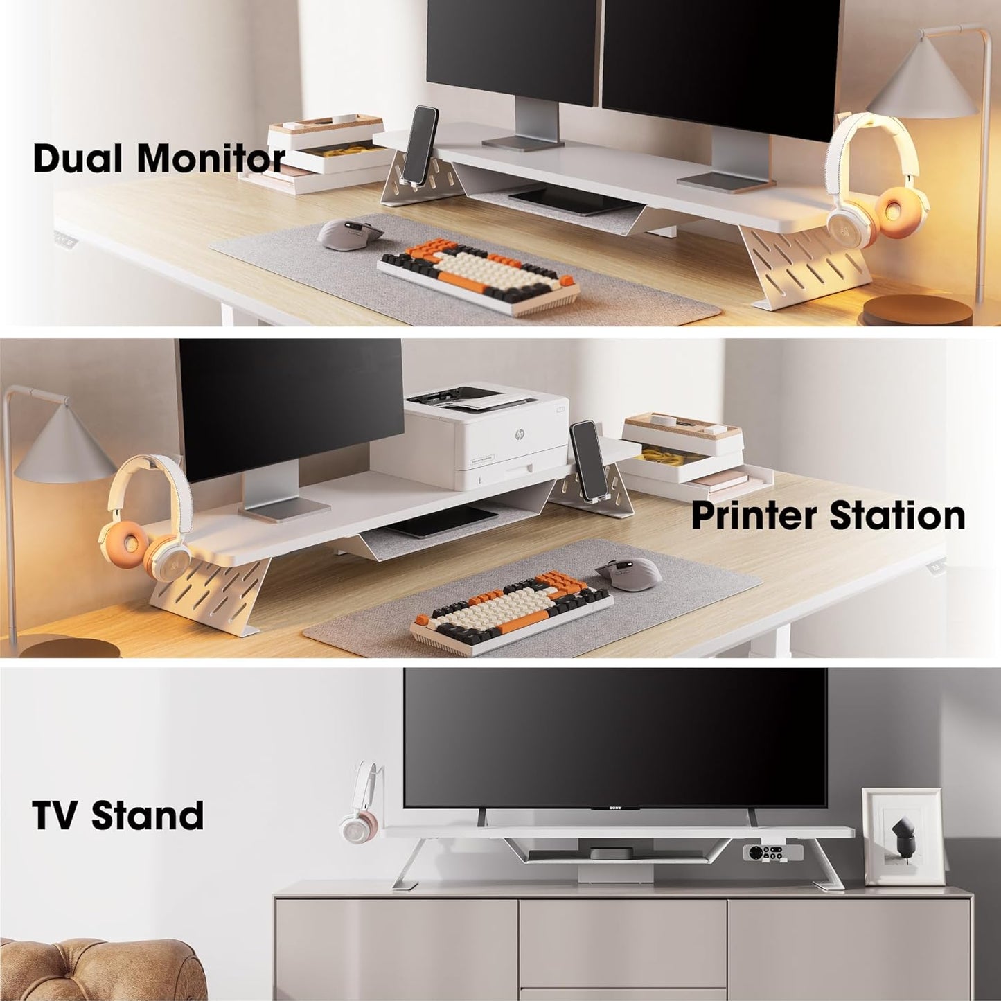 Fenge Dual Monitor Stand, 42.5 Inch Monitor Riser for Desk, Wood Desk Shelf for 2 Monitors, 2 Tier Monitor Shelf with Headphone Stand & Phone Holder