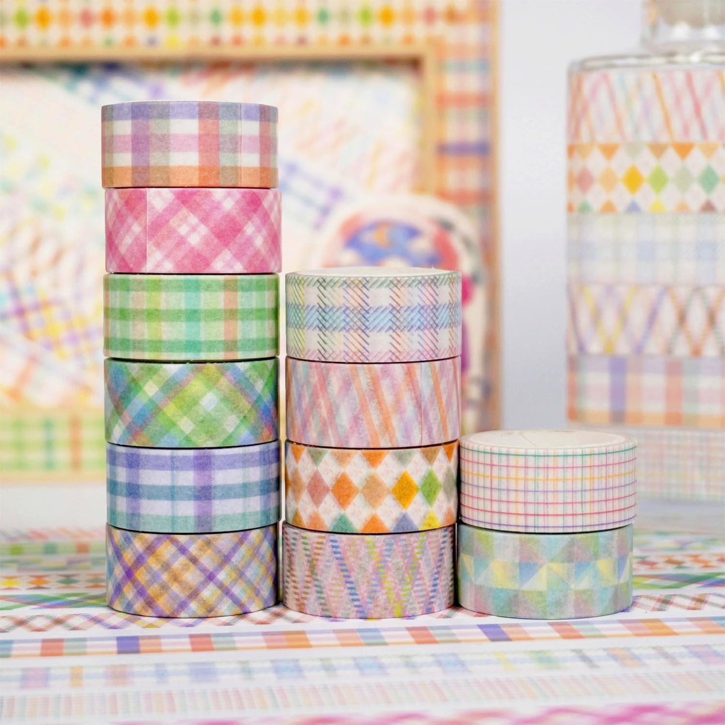 YUBX Basic Grid Washi Tape Set 12 Rolls Plaid Decorative Masking Tapes for Arts, DIY Crafts, Journals, Planners, Scrapbook, Wrapping (Colored)