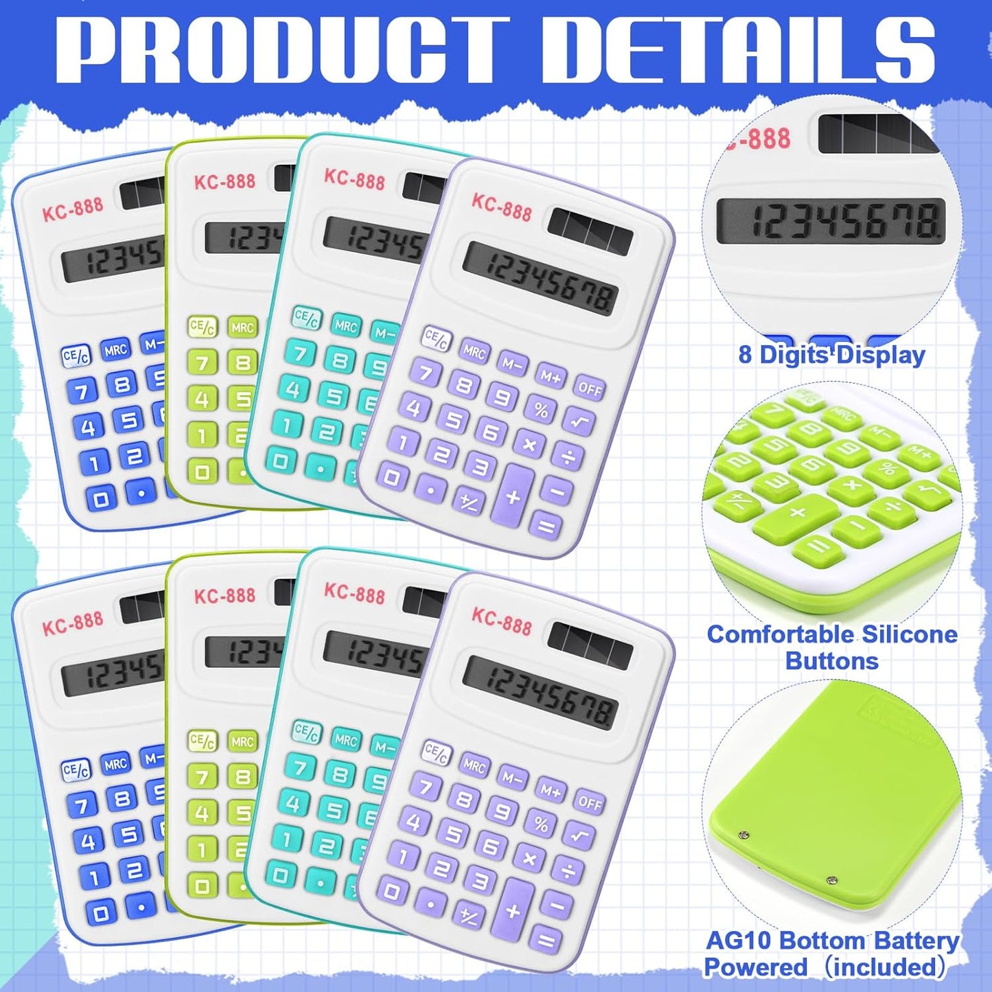 Hoteam 16 Pcs Pocket Calculator Gift for Students Bulk Mini Handheld Calculator Basic Standard Calculators with Button Battery 8 Digit Display for School Office Home(Assorted Colors)