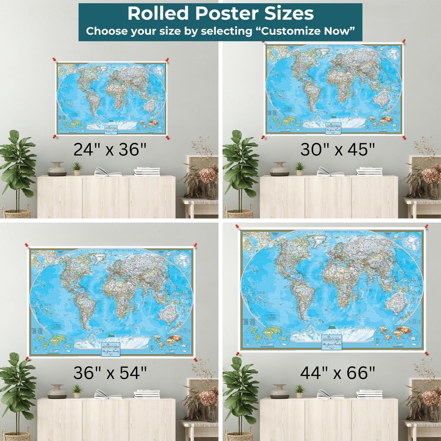 Personalized Canvas Rolled Poster World Map Wall Art with Pins – Large 24" x 36" Classic Map of the World – Push Pin Travel Decor for Home or Office