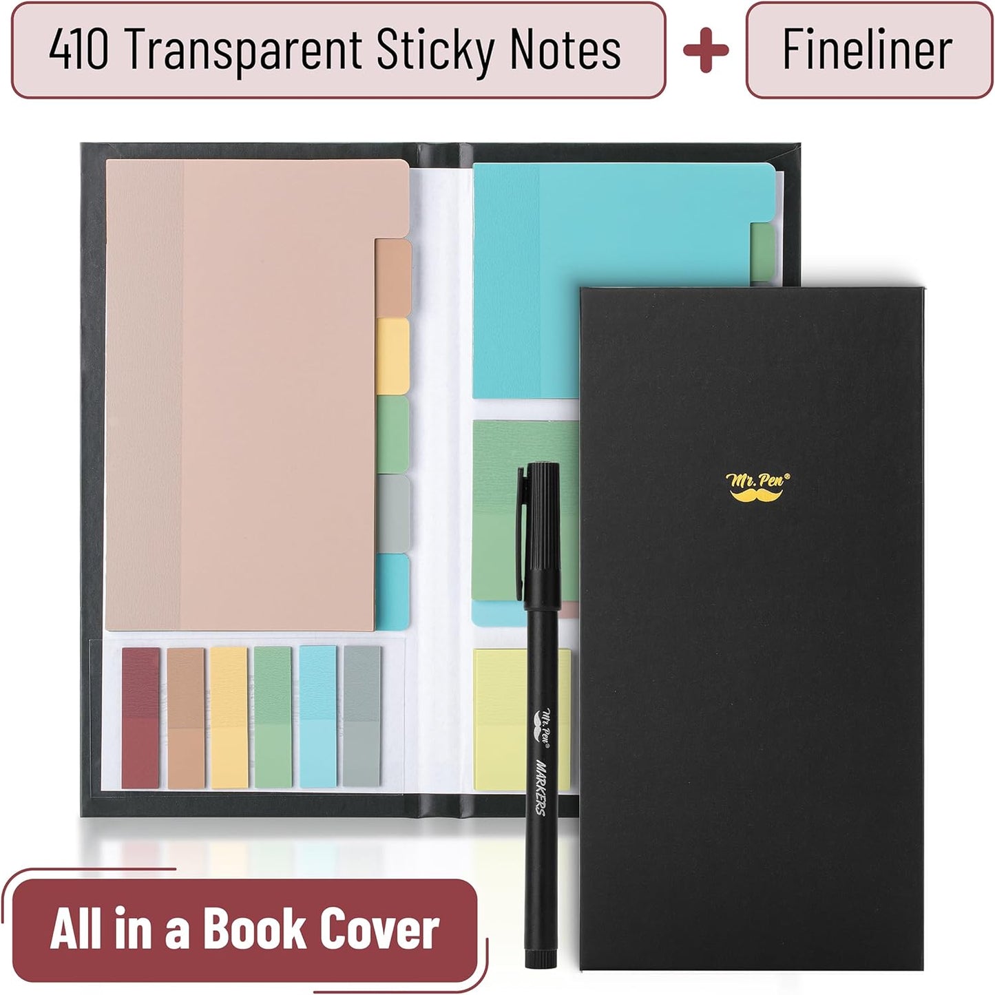 Mr. Pen- Transparent Sticky Note Set, 410 Pack, Morandi Colors, Transparent Sticky Notes Tabs, Christmas Gift