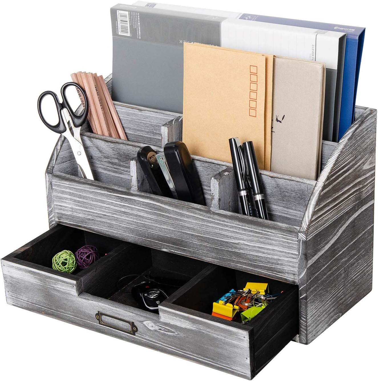 canwedance Distressed Rustic Wooden Office Desk Organizer 5 Compartment with 2 Drawer &Counter Desk Tabletop Desktop Mail Rack, Pens, Notebooks, Folders, Pencils and Office Supplies (grey)
