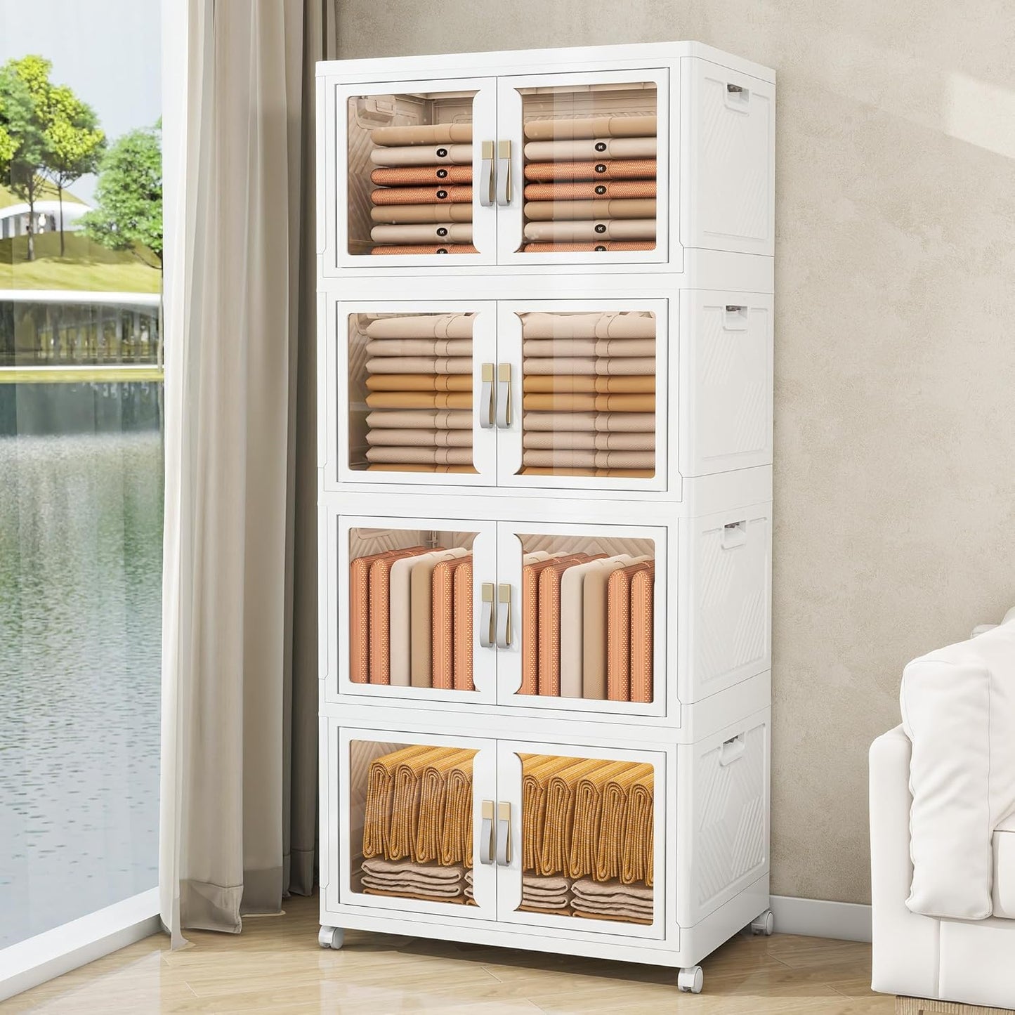 Large Stackable Storage Bins with Lids, 440QT-110QT*4Tier Foldable Cabinet for Closet Organizers, Plastic Storage Containers Box with Wheels