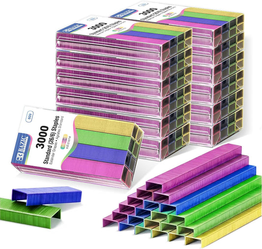 BAZIC Products Staples Standard 26/6 Metallic Color 3000/Pack Refill for Stapler, Ideal Office Staples for Home, School & Business, Assorted Colors, 72-Packs