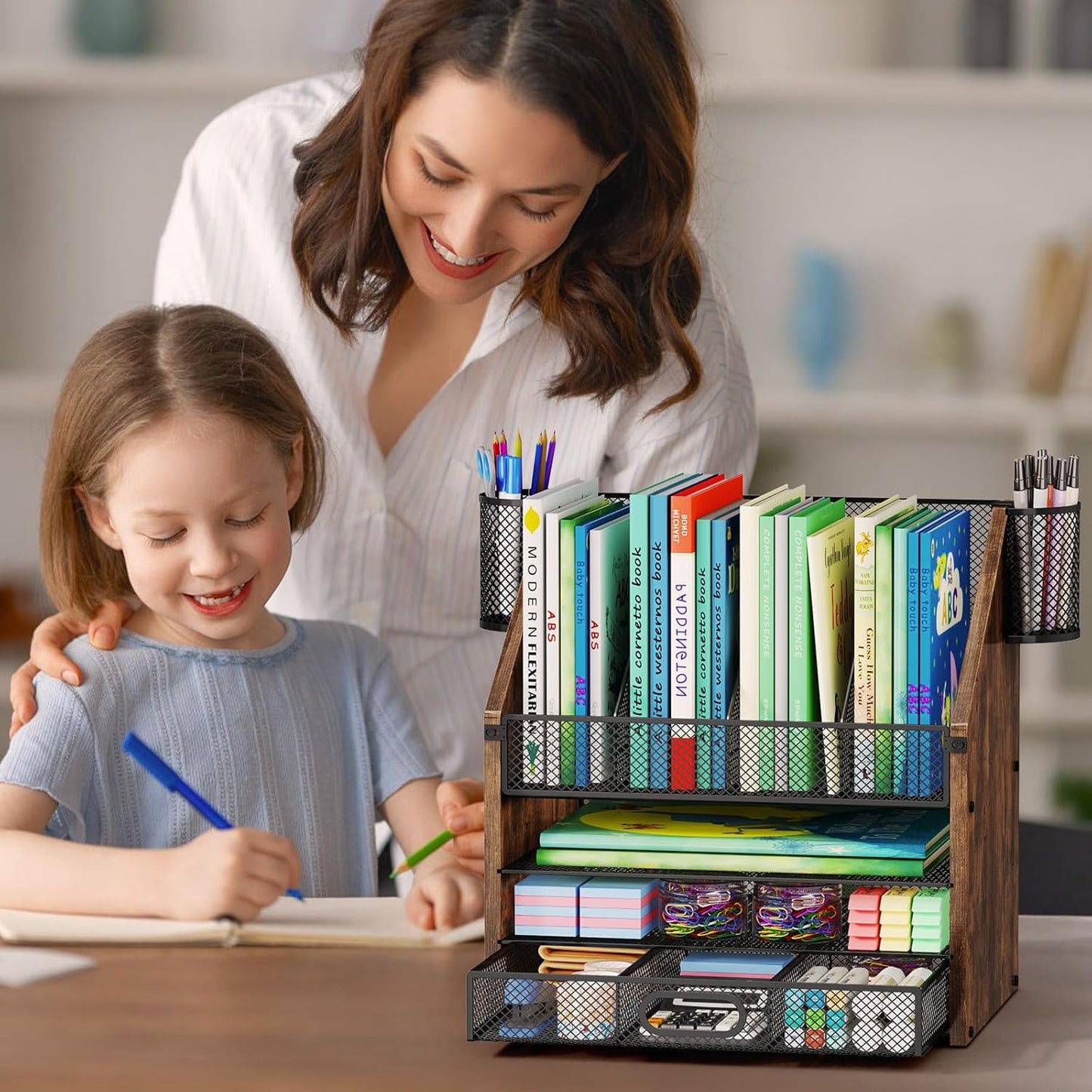 SWTYMIKI Desk Organizer with Drawers - Mesh and Wood Desk File Organizer with Pen Holders, 4-Tier Paper Organizer for Office Organizer and Accessorie, School and Home Storage, Espresso