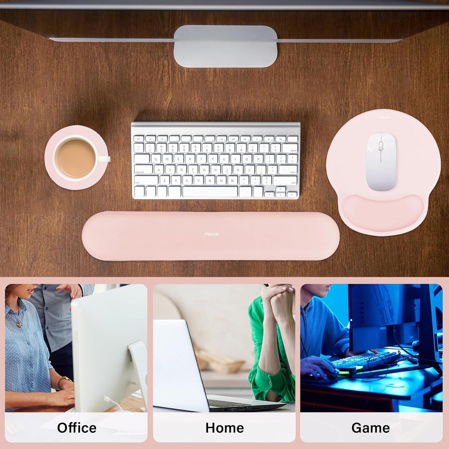 MOSISO Wrist Rest Support for Mouse Pad&Keyboard Set, Circle Curved Ergonomic Mousepad&Coaster Non-Slip Base Home/Office Pain Relief&Easy Typing Pad with Soft Cloth&Silicone Lining, Chalk Pink