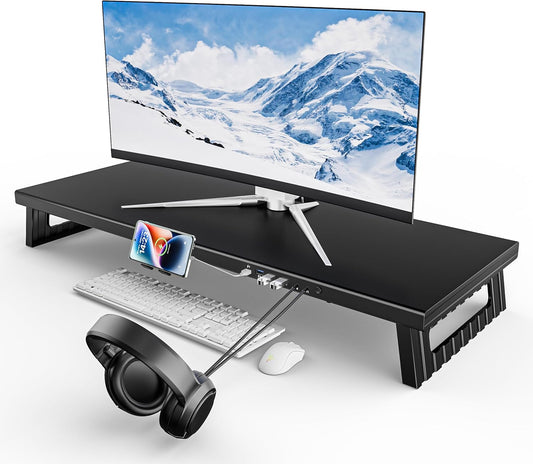 All-Metal Foldable Monitor Stand with 28cm Wide Desktop,, Headphone & Mic Jack, Detachable Phone Holder, (USB Hub Fast Charging Version, 760mm)