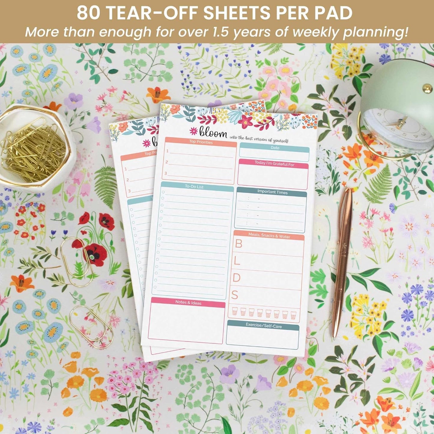 bloom daily planners Daily Planning System Tear Off to-Do Pad - Undated Checklist Notepad Organizer with Perforated Sheets - 6" x 9" (Floral Dots)