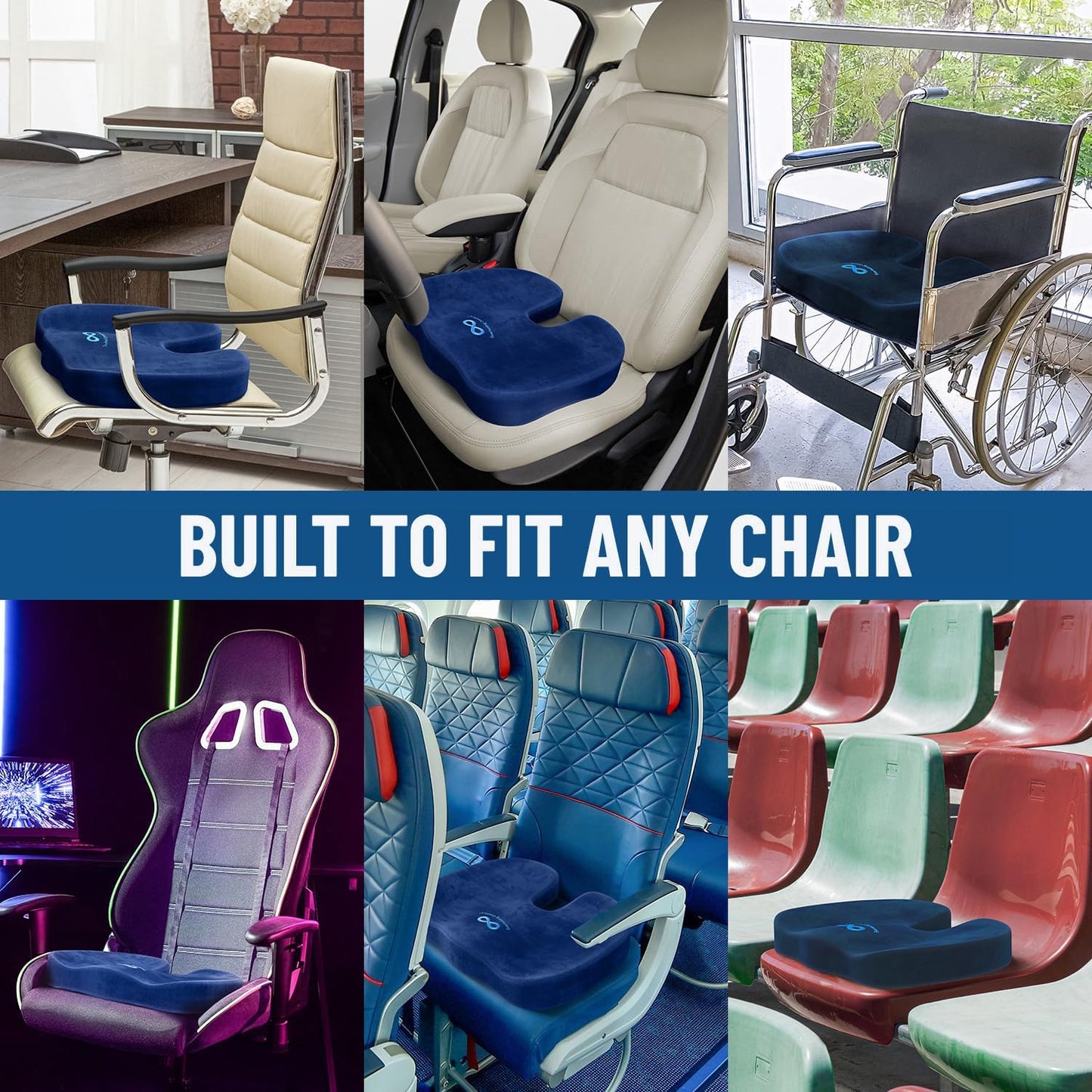 Everlasting Comfort Doctor Recommended Memory Foam Seat Cushion for Office Chairs & Car - Ergonomic Office Desk Accessories - Cushions for Tailbone Pain Relief, Sciatica (Navy Blue, Large)