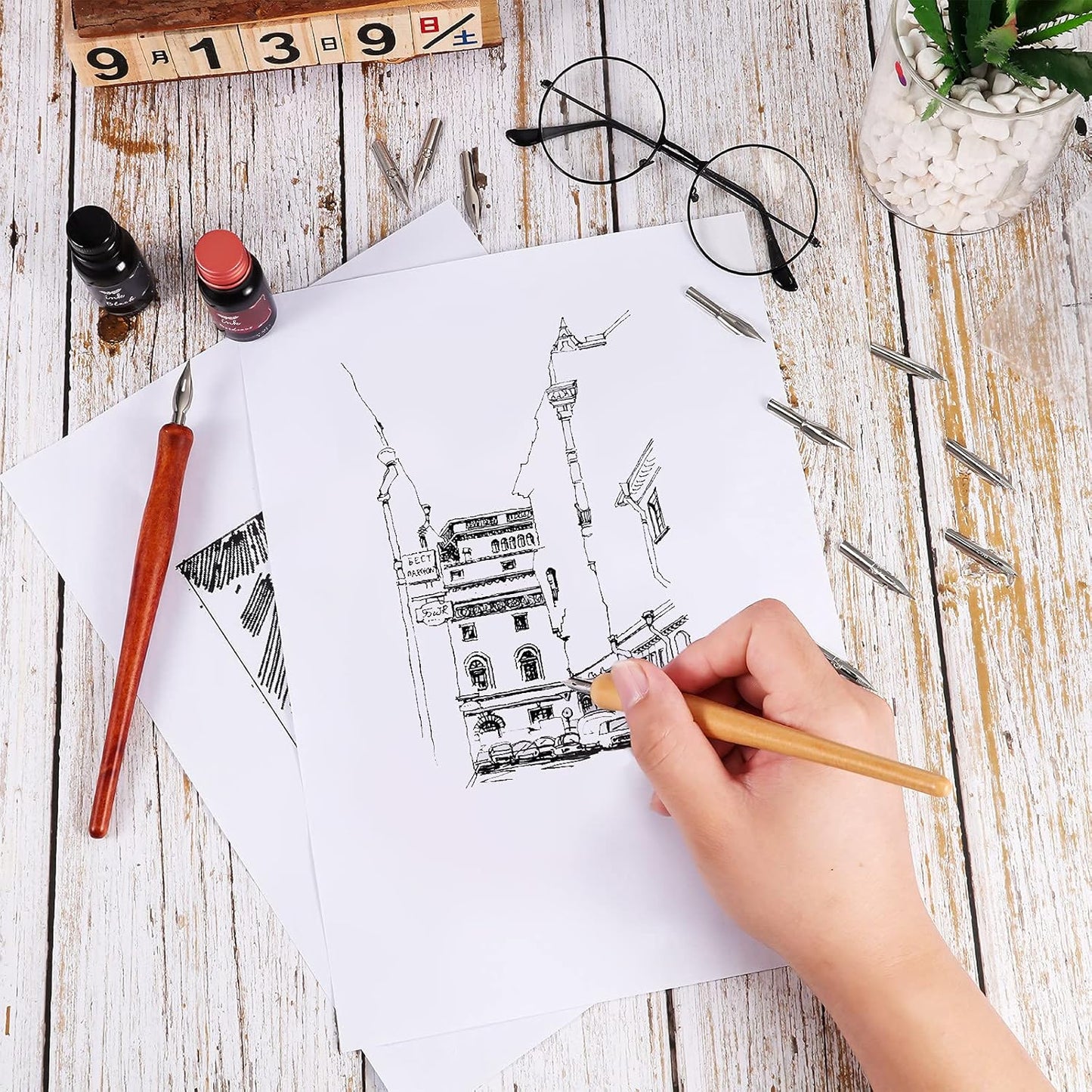 Chinco 14 Pcs Dip Pen Nibs Holders with Comic Calligraphy Wooden Drawing Pen Holder with Stainless Steel Nib for Writing Painting Signing Present