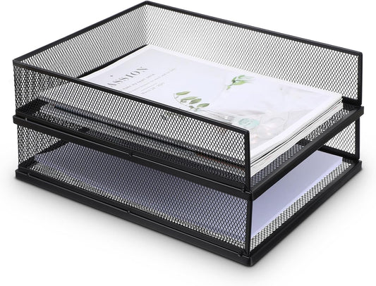 2 Pack Wire Mesh Letter Trays Paper Tray Desk File Organizer, Stackable Metal Front-Load Documents Tray for Office Supplies File