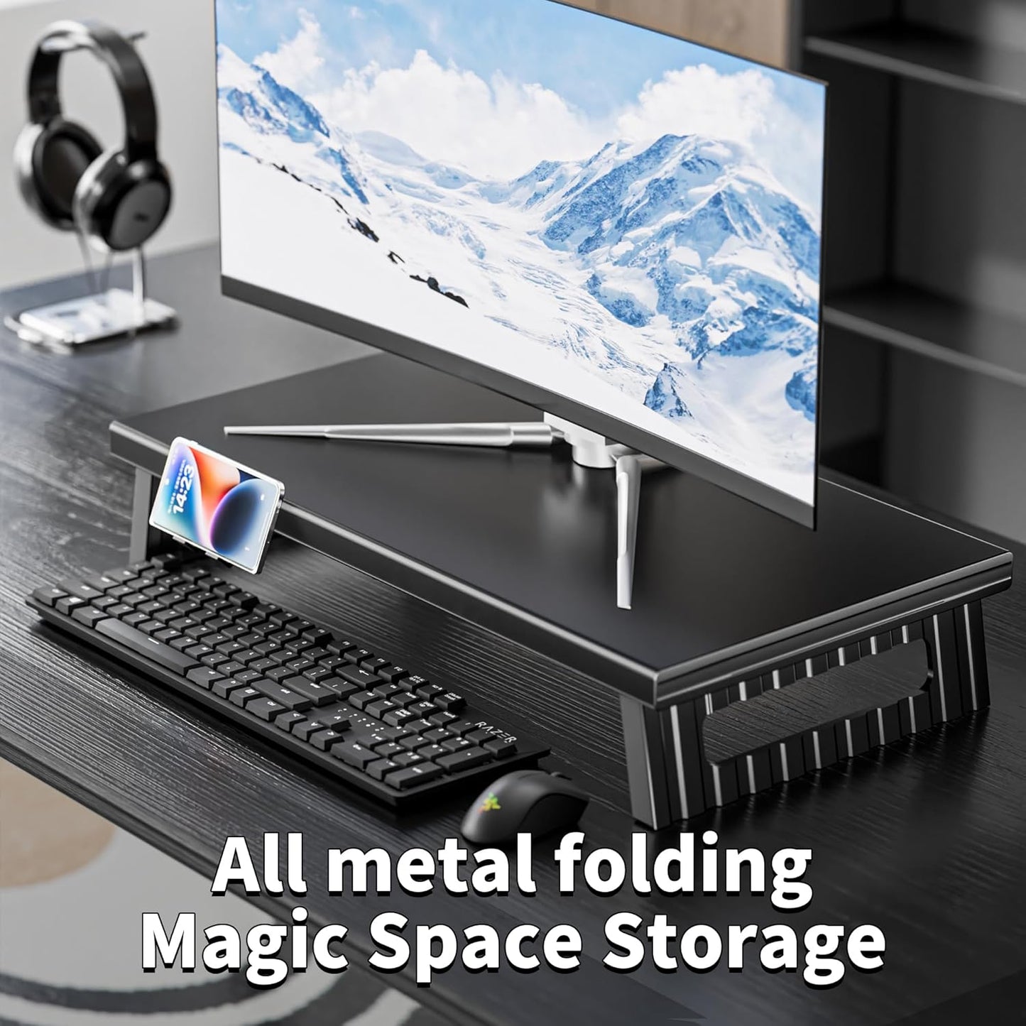 All-Metal Foldable Monitor Stand with 28cm Wide Desktop,, Headphone & Mic Jack, Detachable Phone Holder, (Basic Version, 530mm)