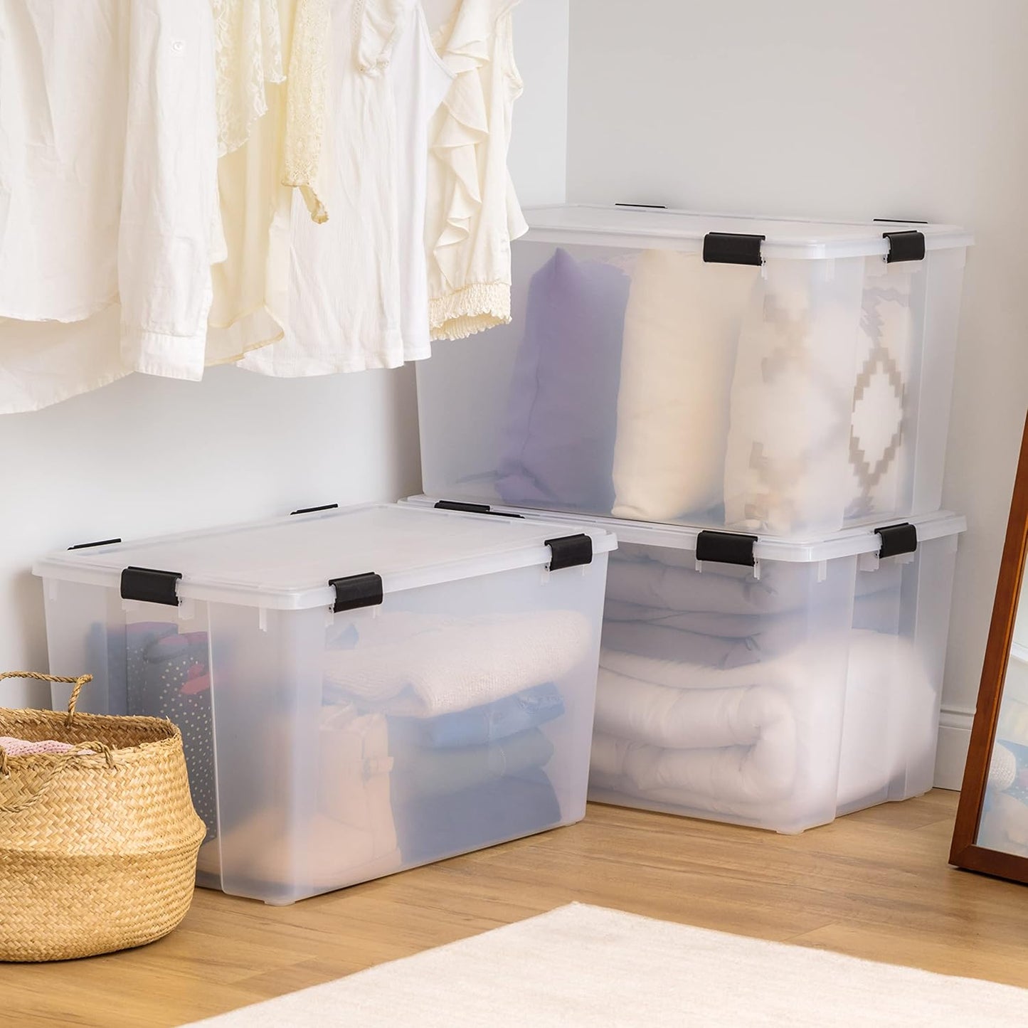 IRIS USA WeatherPro 156 Qt Storage Bins with Lids, 3 Pack, BPA-Free Plastic Gasket Box with Tight Latch and Seal, Stackable Nestable Tote Tub - Clear/Black