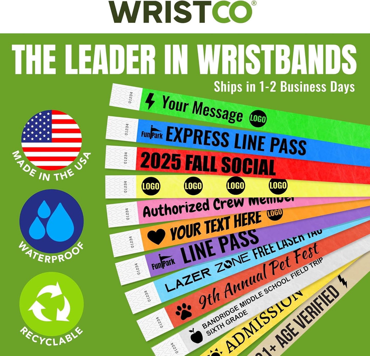 WristCo Custom Printed Wristbands | Super Rush | Fast Delivery – Select a Color Quantity & Personalize w/Clipart Text & Logos - Tyvek Wrist Band ID Bracelets for Events Party Security Admission VIP