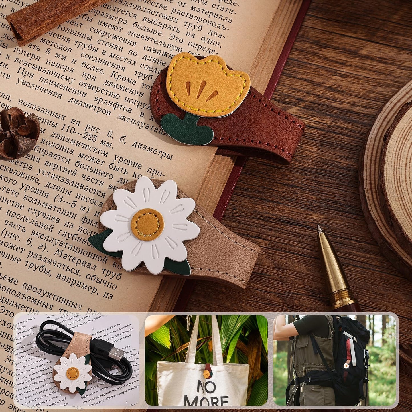 2PCS Vintage Magnetic Leather Bookmark, Leather Magnetic Bookmarks for Women, Magnetic PU Bookmarks Clip Book Accessories, Daisy & Tulip