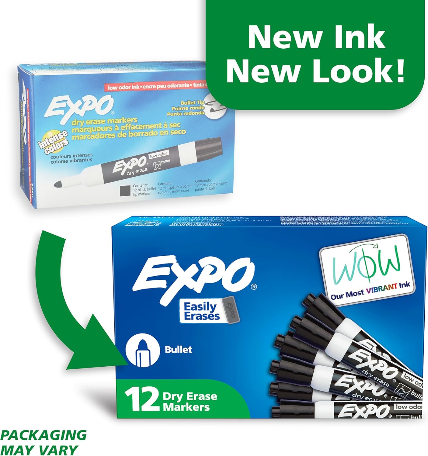 EXPO Low Odor Dry Erase Markers Bullet Black 12 Pack for Whiteboards Glass and Non-porous Surfaces. Ideal for Classrooms Offices and Homes