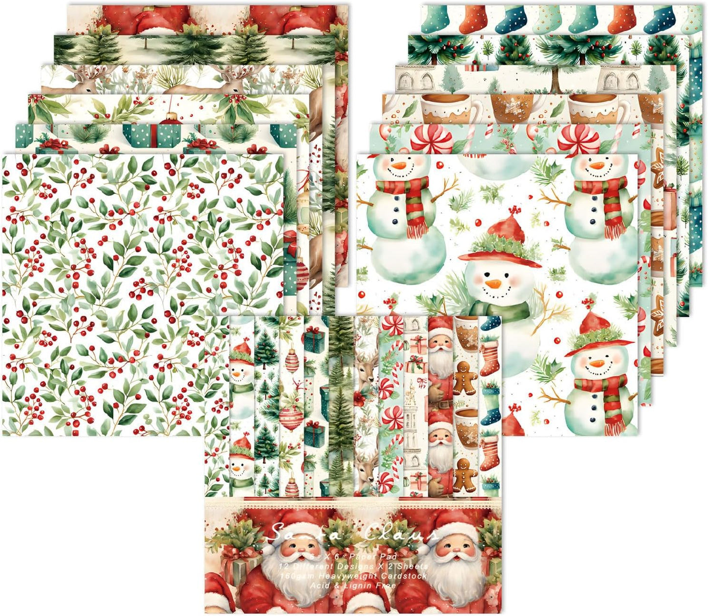 Christmas Scrapbook Paper Pad 6''x 6'' - 24 Sheets Santa Claus Snowman Patterned Designed Decorative Decoupage Folded Card Material DIY Crafts Wrapping Planners Journals Photo Album