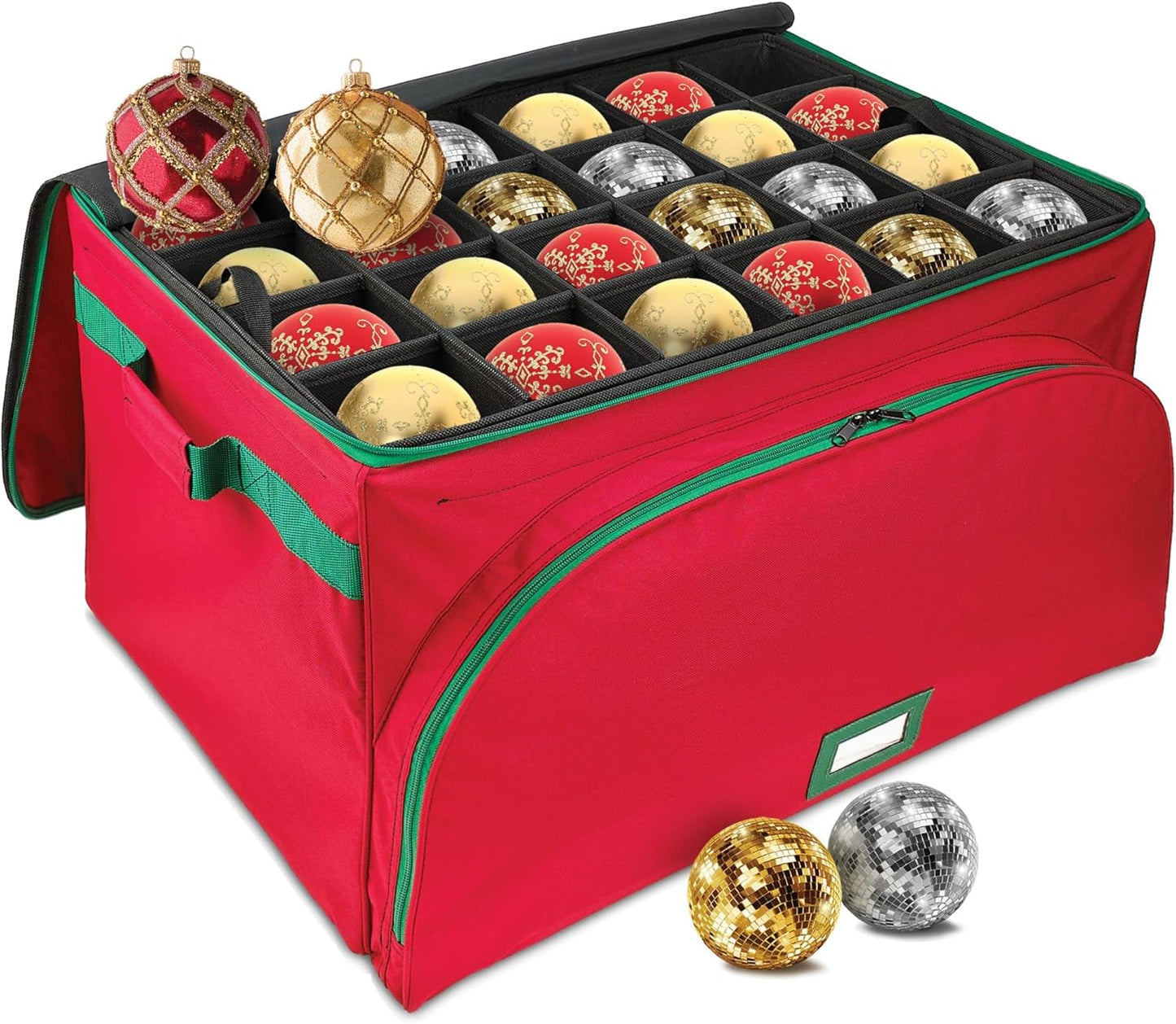 HOLDN’ STORAGE Premium Christmas Ornament Storage Container - Holds Up to 72-4” Ornaments Durable 600D Fabric - Adjustable Dividers - 3 Individual Trays - Metal Frame - Red