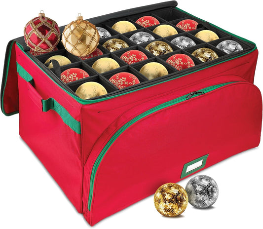 HOLDN’ STORAGE Premium Christmas Ornament Storage Container - Holds Up to 72-4” Ornaments Durable 600D Fabric - Adjustable Dividers - 3 Individual Trays - Metal Frame - Red