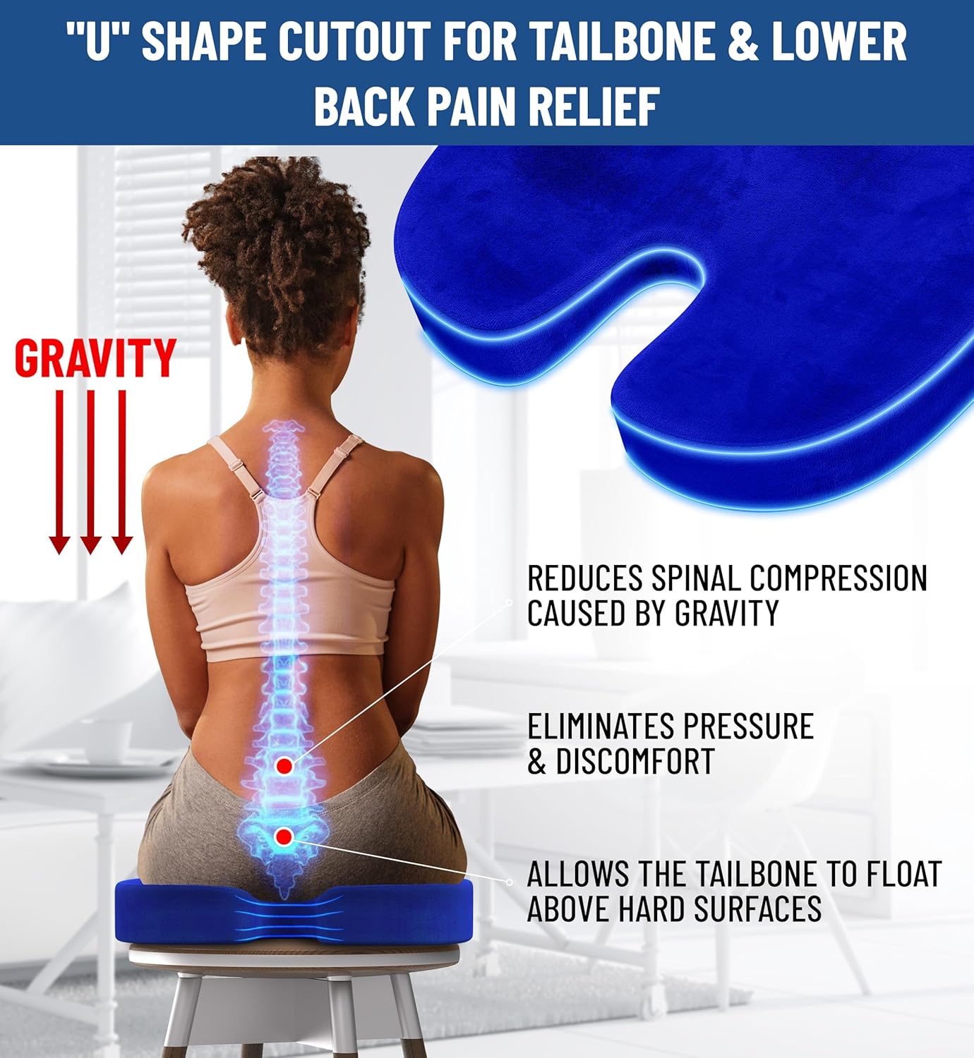 Everlasting Comfort Doctor Recommended Memory Foam Seat Cushion for Office Chairs & Car - Ergonomic Office Desk Accessories - Cushions for Tailbone Pain Relief, Sciatica (Blue, Large)