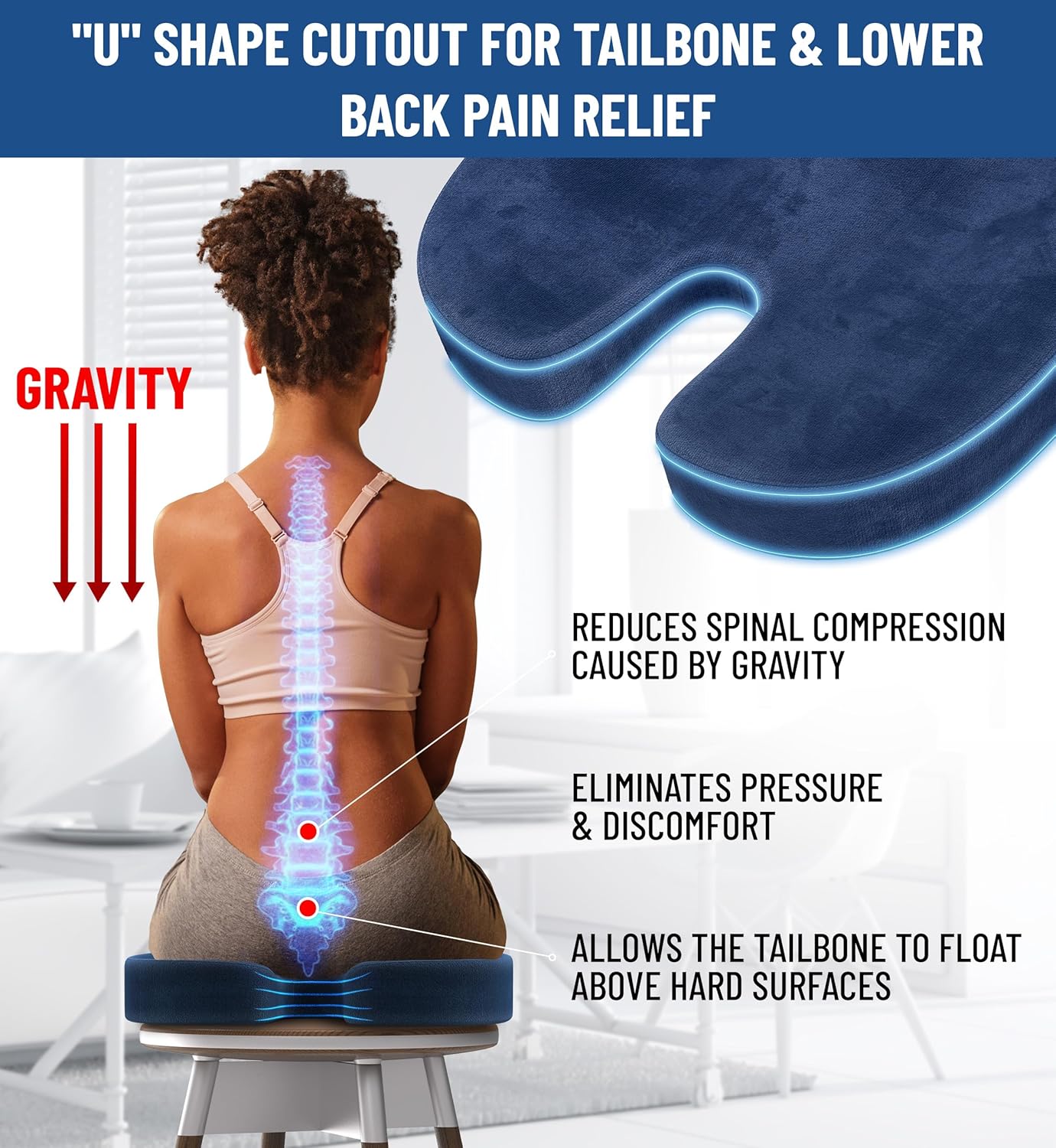 Everlasting Comfort Doctor Recommended Memory Foam Seat Cushion for Office Chairs & Car - Ergonomic Office Desk Accessories - Cushions for Tailbone Pain Relief, Sciatica (Navy Blue, Large)