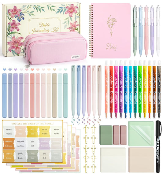 59Pcs Bible Study Supplies, Bible Journaling Kit for Women, Pink Pencil Case, 12 Pastel No Bleed Highlighters and 6 Colored Pens, Bible Tabs and More, Book Annotation Kit for Women & Men (Pink)
