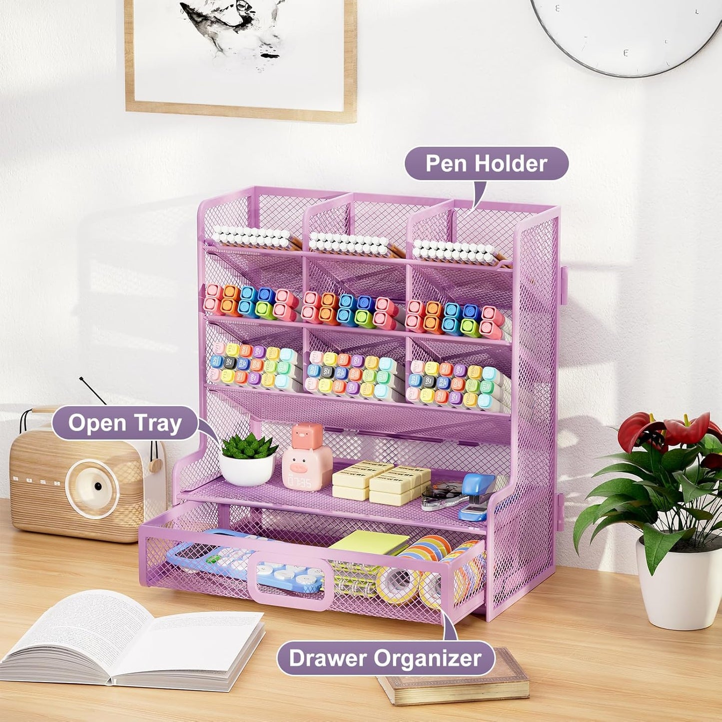 Marbrasse Larger Mesh Desk Organizer with Drawer, Multi-Functional Pen Pencil Holder, Easy Assembly, Desk Organizers and Accessories for Office Art Supplies (Purple)