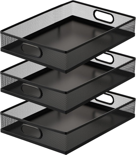 Tandefio 3 Pcs Desk Drawer Organizer Bulk Metal Mesh Trays A4 Large Desktop Storage Box Portable Wire File Basket with Handle for Office Supplies Craft Magazine Paper 12.87" x 9" x 2.4"(Black)