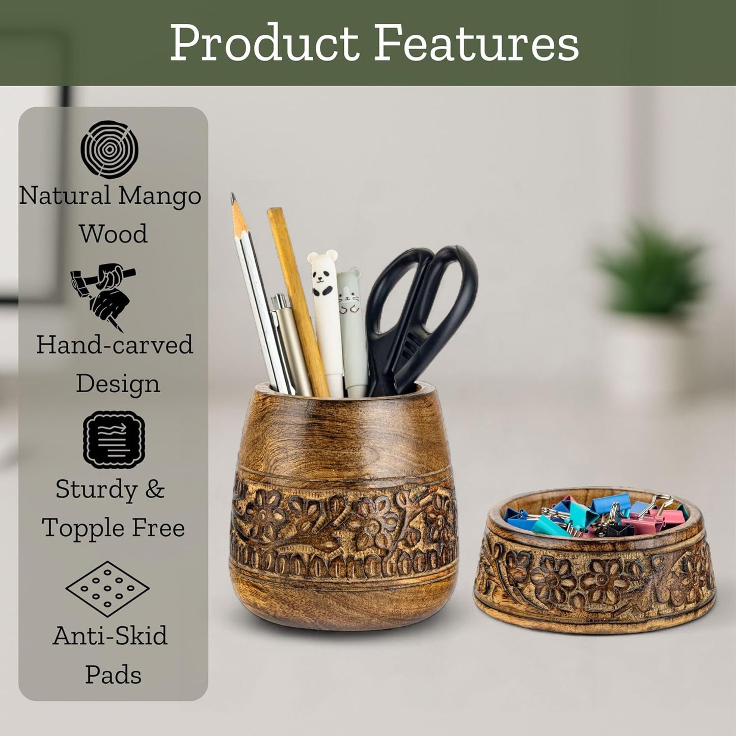 Mie Creations Wooden Desk Organizer Set of 2 Pen Holder, Paper Clip Storage, Office Desktop Table Decor, Floral Rustic Wood Pencil Cup & Paperclips Dispenser, Aesthetic Desk Accessories For Women, Men