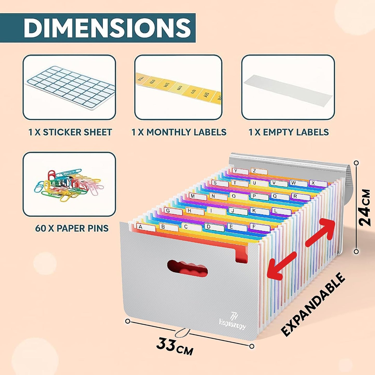 Plastic Accordion File Organizer, 26 Pockets Expandable File Folder Organizer, A4 Letter Size Filing Organizer with Colorful Tabs, Elastic Cord, 60 Paper Clip, Label & Stickers for Office School Home