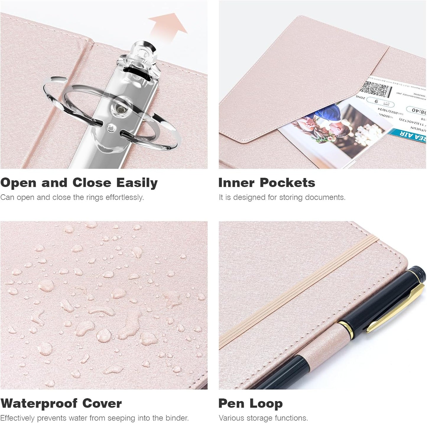 Ospelelf 3 Ring Binder with Clipboard 2 Inch Leather Binder for Letter Size (8.5" x 11"), Clipboard Binder with 5 Tab Dividers Back to School Supply, Rose Gold