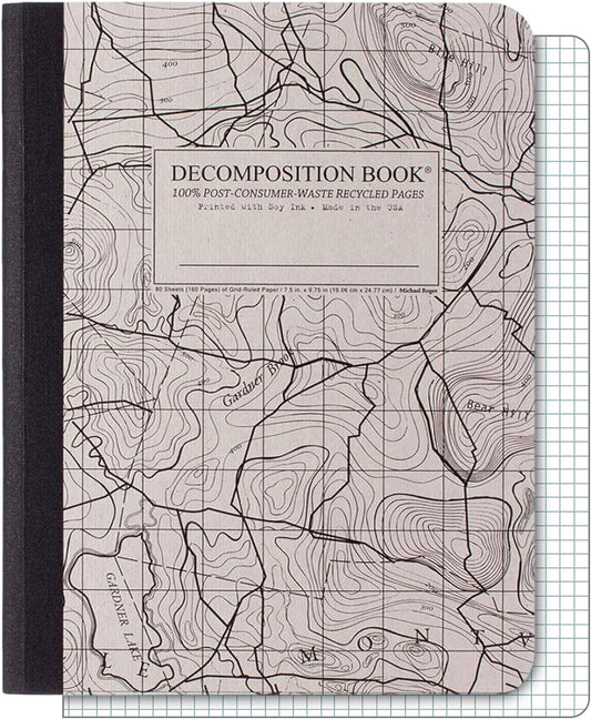 Decomposition Topographical Map Graph Paper Composition Notebook - 9.75 x 7.5 Journal with 160 Grid Pages - Quad Ruled Notebooks for School Supplies, Home & Office - 100% Recycled Paper, Made in USA
