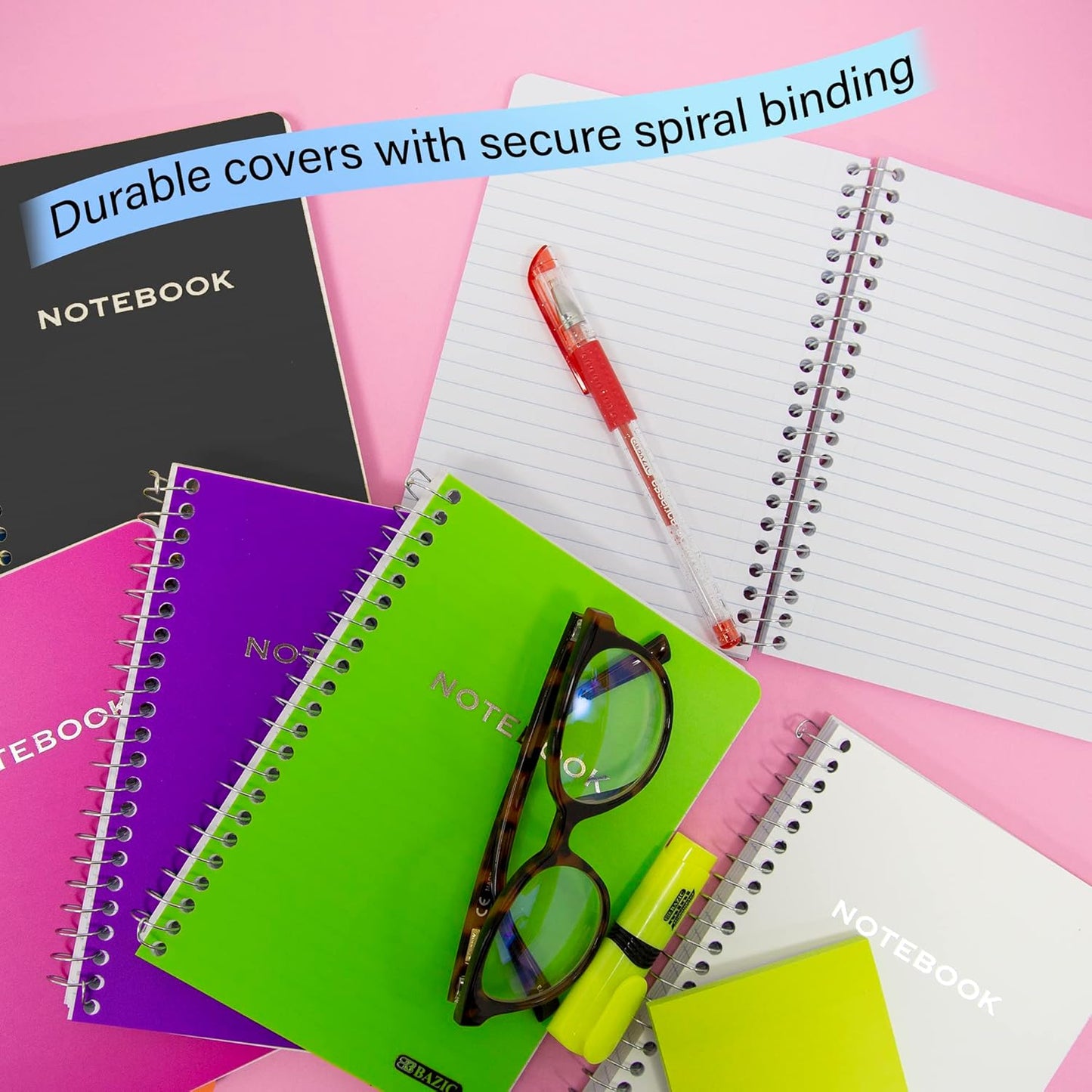 BAZIC Products Composition Book 100 Sheet 5" x 7" Poly Cover Spiral Notebook, Writing Journal Mini Pocket Notebooks, Assorted Color 6-Pack