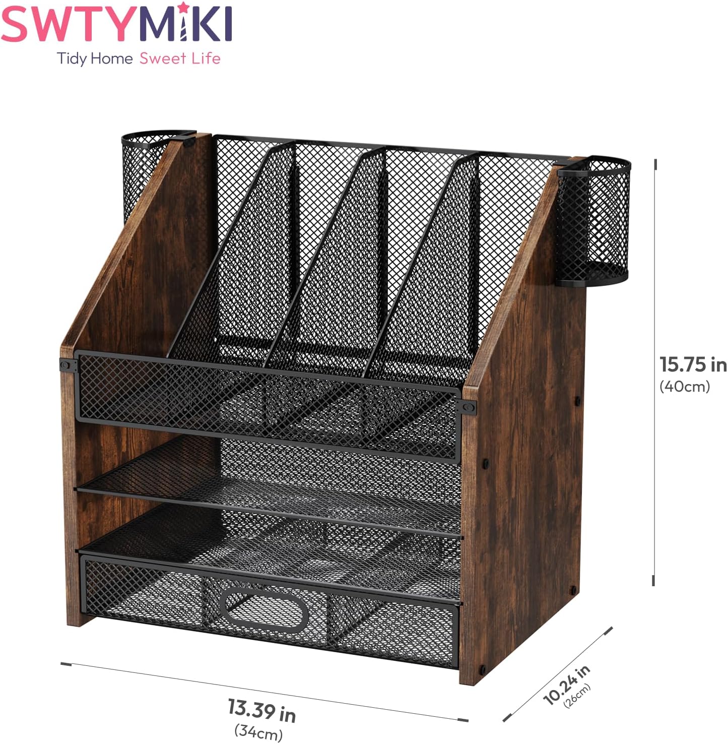 SWTYMIKI Desk Organizer with Drawers - Mesh and Wood Desk File Organizer with Pen Holders, 4-Tier Paper Organizer for Office Organizer and Accessorie, School and Home Storage, Espresso