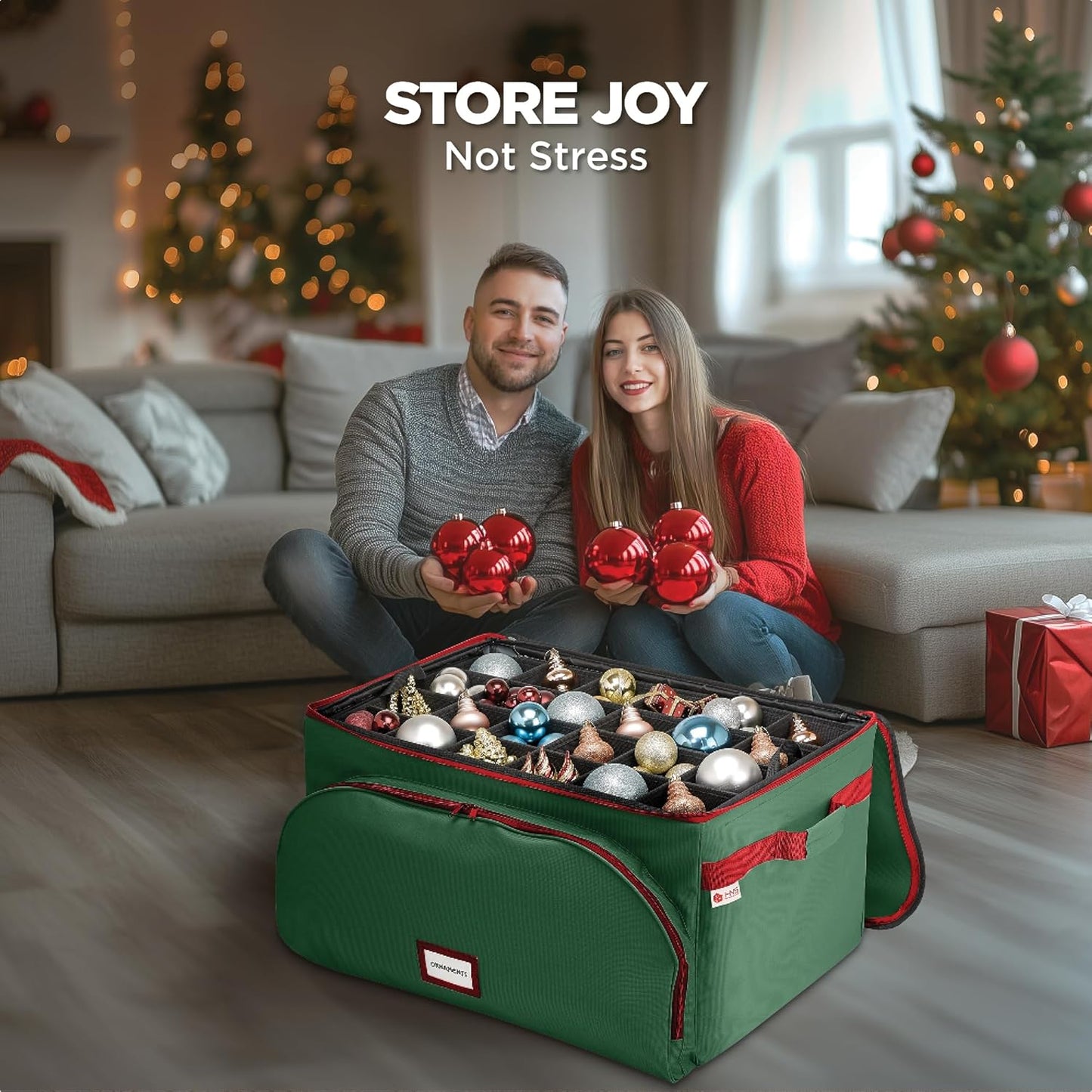 HOLDN’ STORAGE Premium Christmas Ornament Storage Container - Holds Up to 72-4” Ornaments Durable 600D Fabric - Adjustable Dividers - 3 Individual Trays - Metal Frame - Green