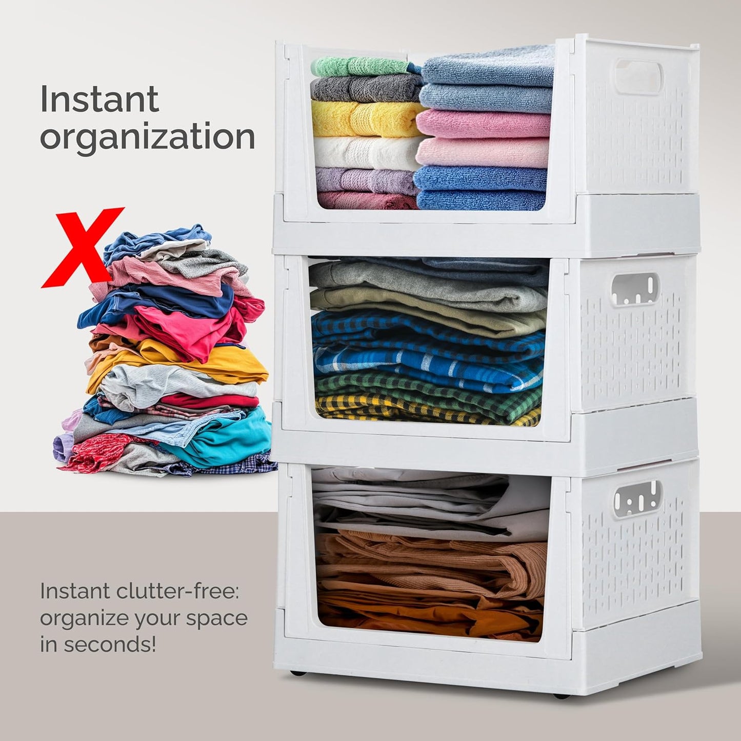 TidyFriend Stackable Storage Bins with Wheels, 3 Pack Foldable Storage Bins Box, Plastic Shelves Drawer Organizer Container for Closet Office Bedroom Kitchen Bathroom (Ivory)