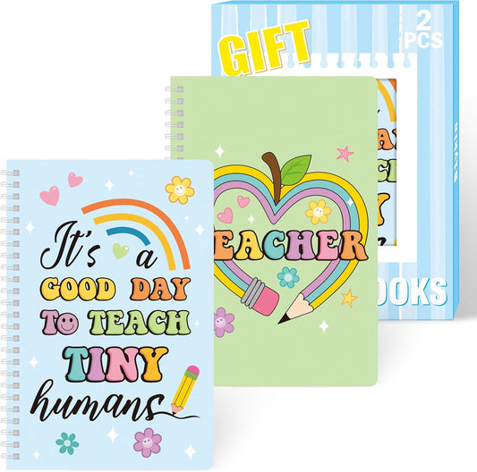 B1ykin A5 Spiral Notebooks, 2Pcs 50 Sheets 100 Pages Cute Wire Bound Teacher Appreciation Gift Spiral Notebook， Writing Notepads Memo Diary Notes Journal Notebooks for School Students (Restro Teacher)