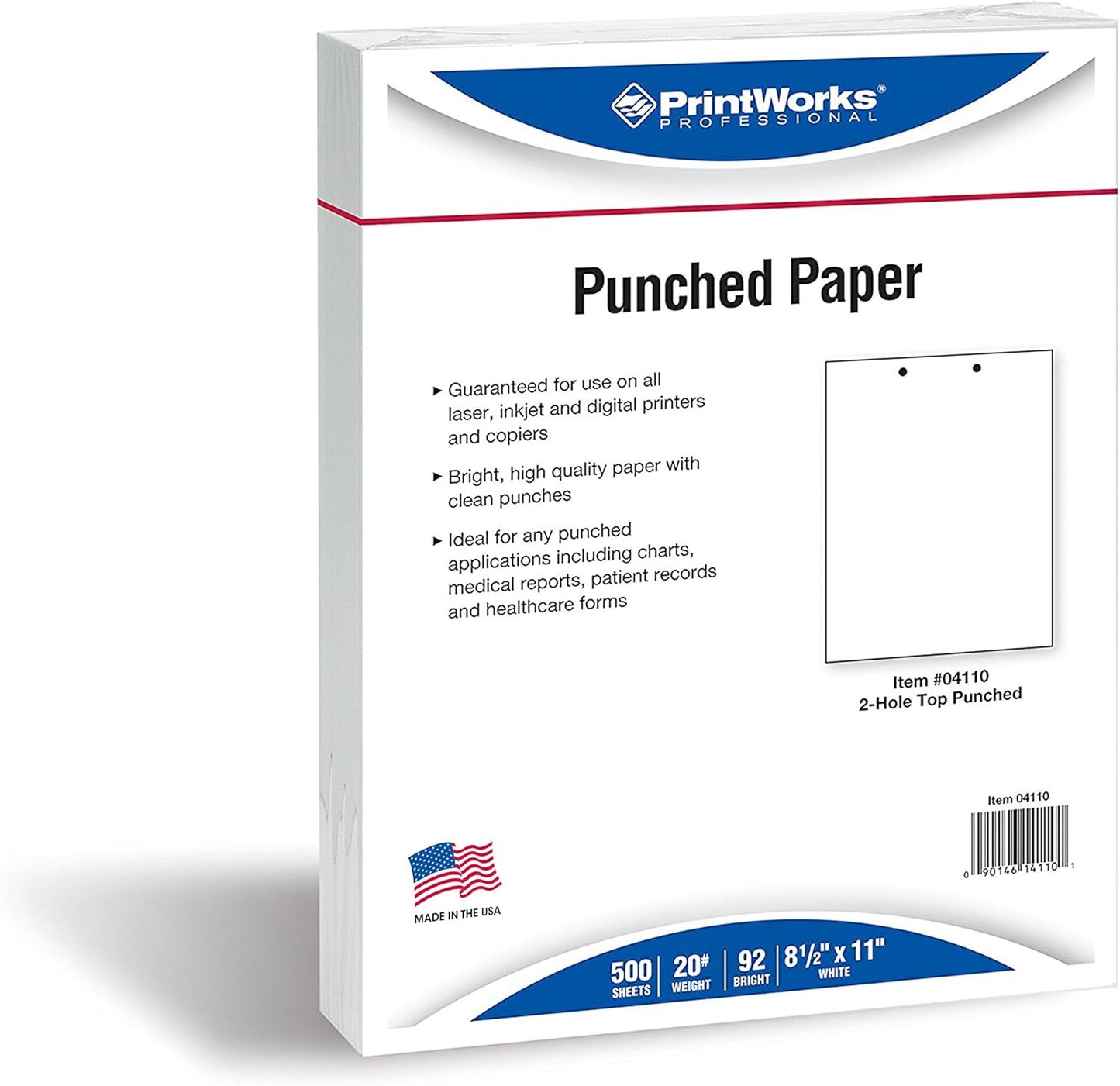 PrintWorks Professional 2 Hole Punch Top Paper - Pre-Punched for Folders, Binders, & Clipboards - Made in the USA - 500 Sheets - 8.5" x 11" - 20 lb - 92 Bright White (04110)