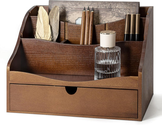 Rebee Vision Pine Wood Mail Organizer for Desk - Retro Farmhouse Mail Holder with Drawer & Dividers - 4-Slot letter paper & Jewelry Sorter, Countertop Mail Organizer for Office Decor(Brown)