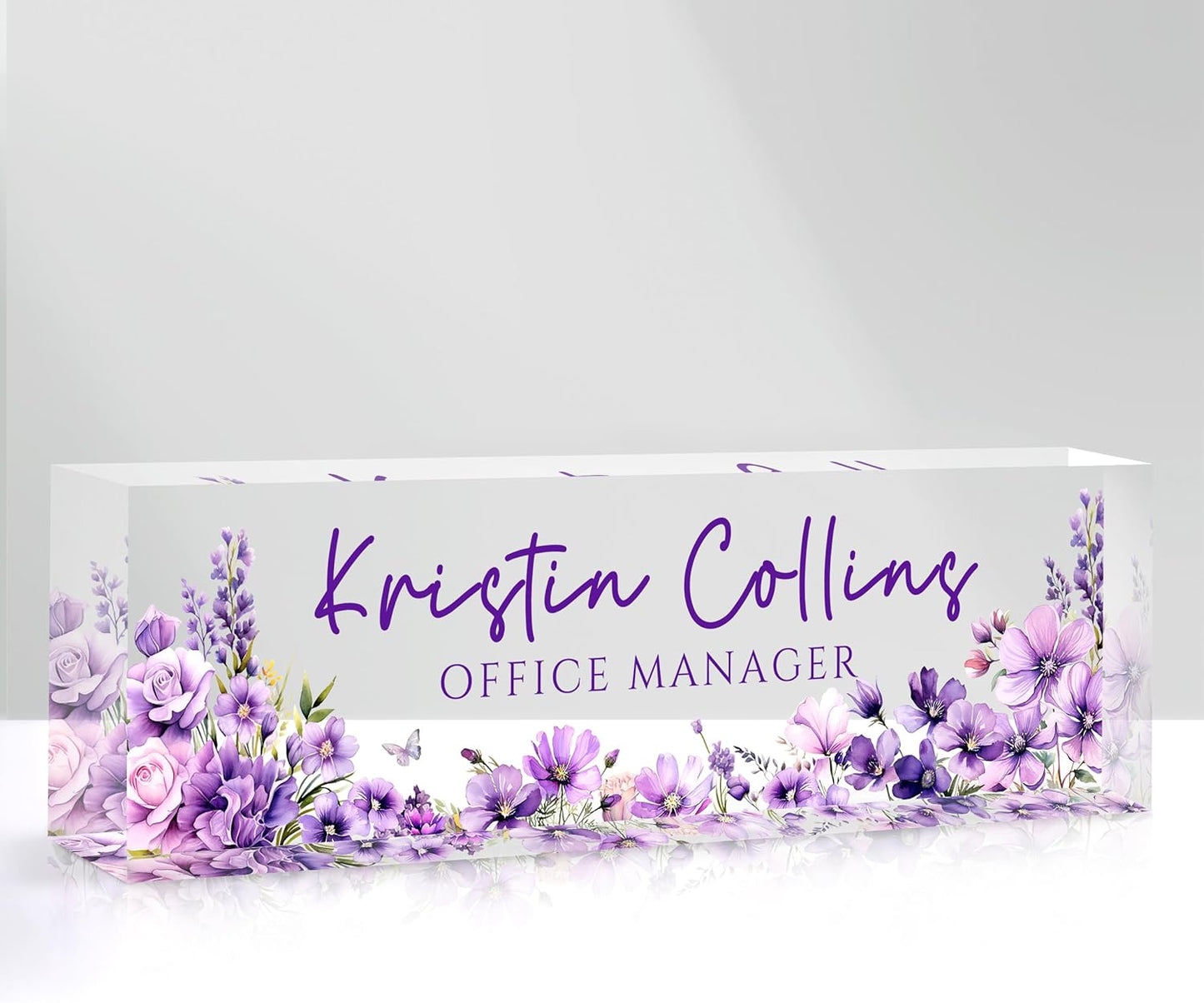 Custom Name Plate for Desk, Personalized Desk Name Plate on Clear Acrylic Glass, Appreciation Gifts for Teacher Employee Boss Coworkers Nurse, Office Desk Accessories for Women Men (Eggplant)