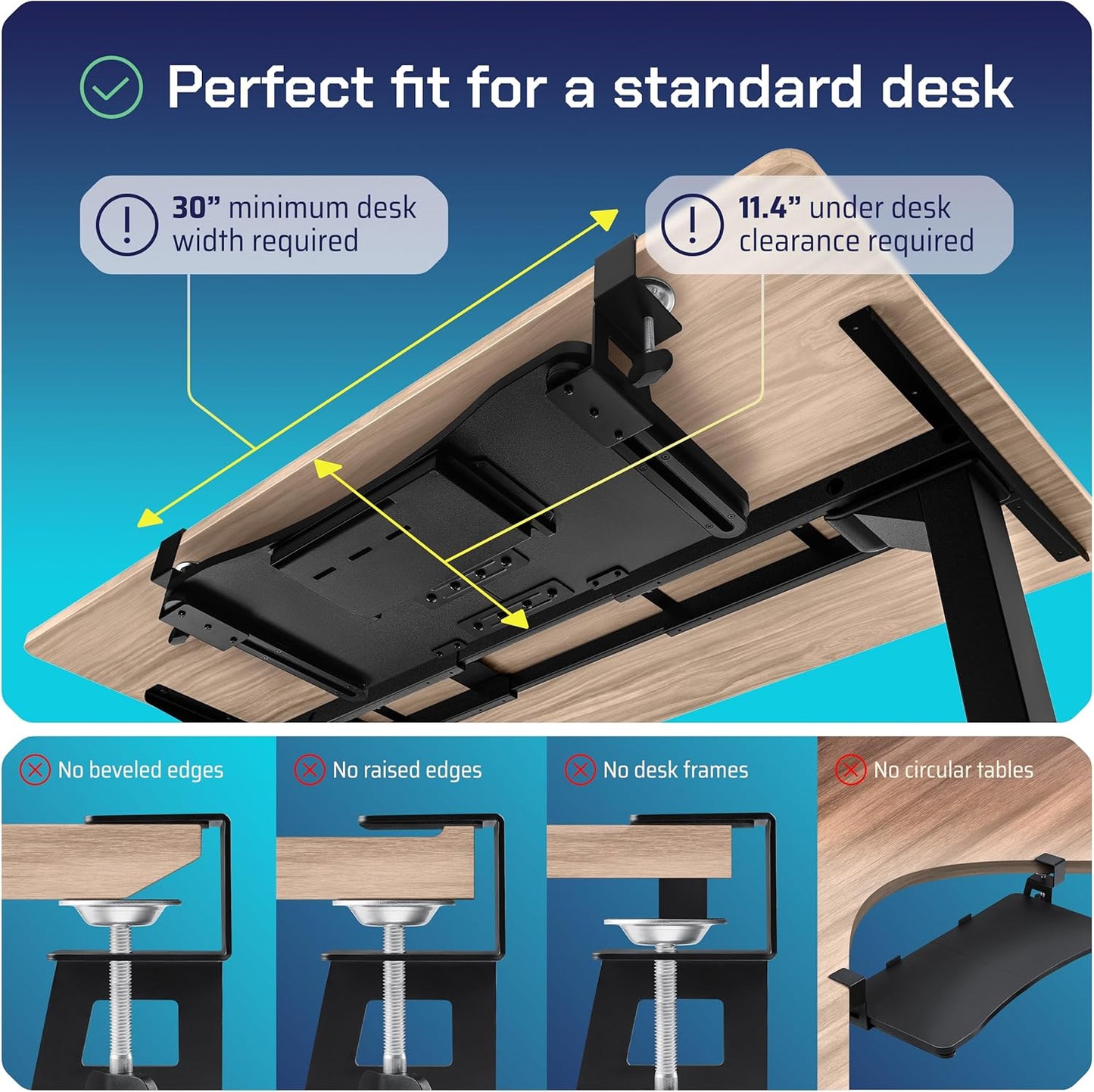 Keyboard Tray | Under Desk Keyboard Tray Slide Out w/Adjustable C-Clamps for Desks Up to 1.5-Inch-Thick | Clamp On Drawer with 1x USB-C to 4 USB-A Hub and 1x Five-Cable Management Organizer