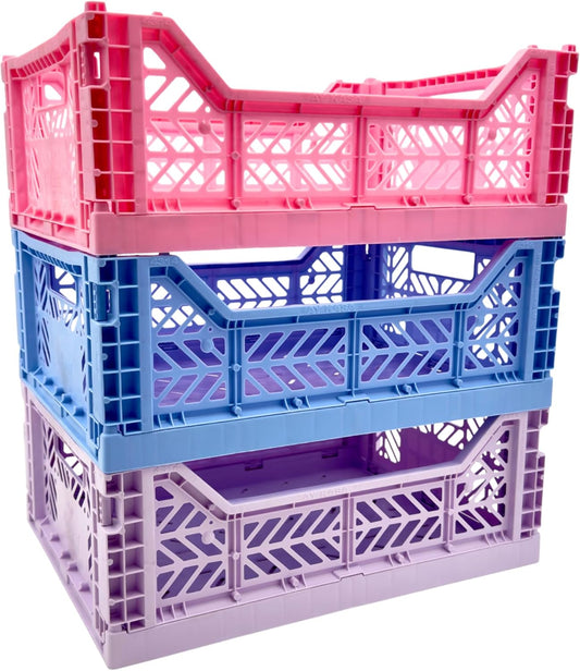 Collapsible Storage Box, Foldable Crate Organizer Bin with Handle, Stackable Crates for Home Organization (Blue-Purple-Pink, 14L - 3 Pack)