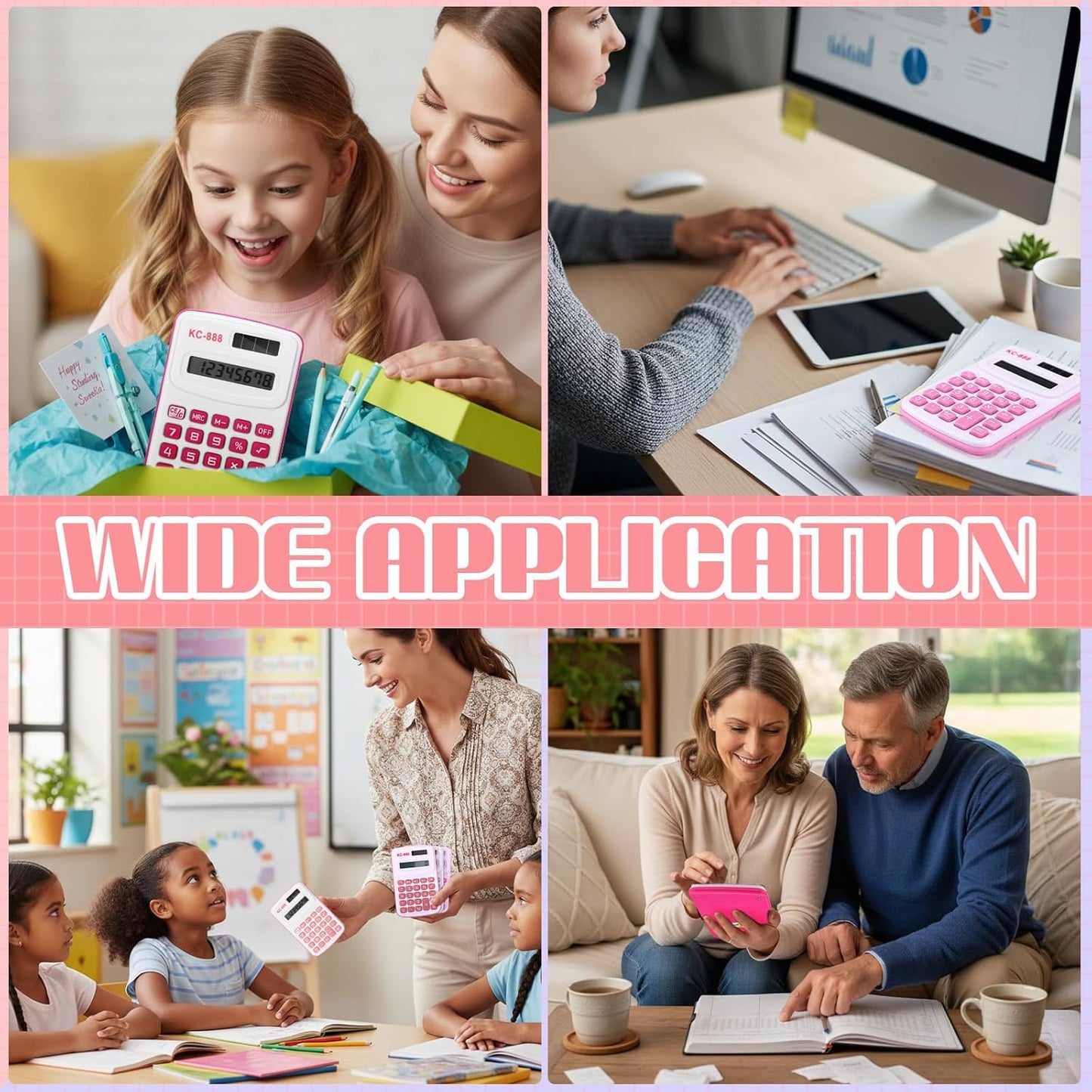 Hoteam 16 Pcs Pocket Calculator Gift for Students Bulk Mini Handheld Calculator Basic Standard Calculators with Button Battery 8 Digit Display for School Office Home(Pink Color)